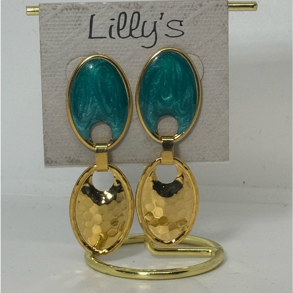 Vintage Lilly’s Green & Gold Enamel Geometric Double Oval Dangle Earrings - Picture 2 of 8
